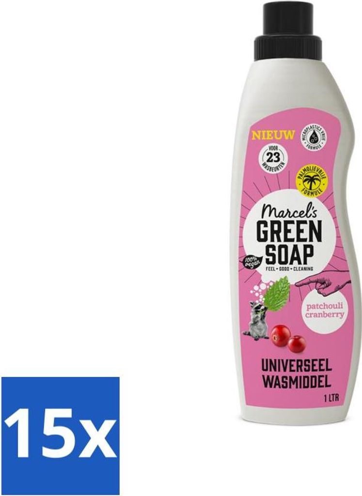 Marcel's Green Soap – Flüssigwaschmittel – Patchouli & Cranberry – Wirksam & Natürlich – 23 Wäschen – 1 Liter - Vorteilspack - 15 Stücke