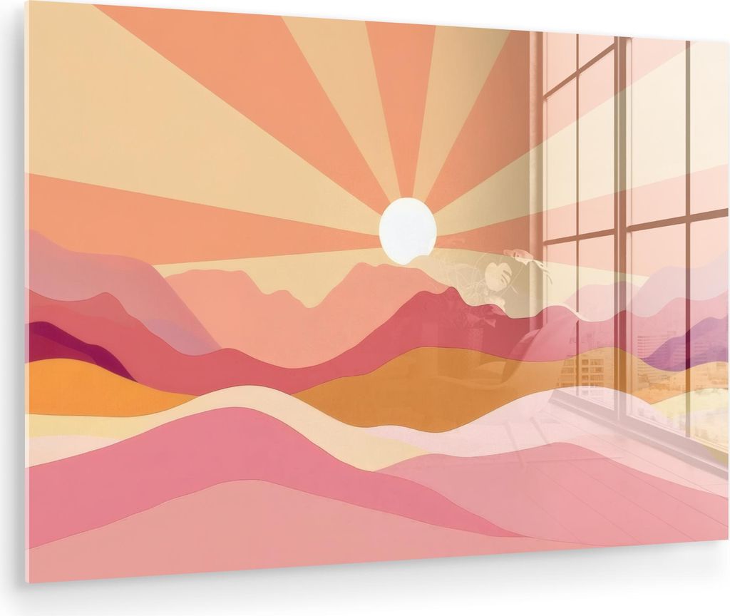 MuchoWow Glasbilder - Bilder auf Wandbild - Foto auf Glas Berge - Abstrakt - Sonnenstrahlen - Rosa 90x60 cm Wanddekoration aus Glas - Acrylglasbild...