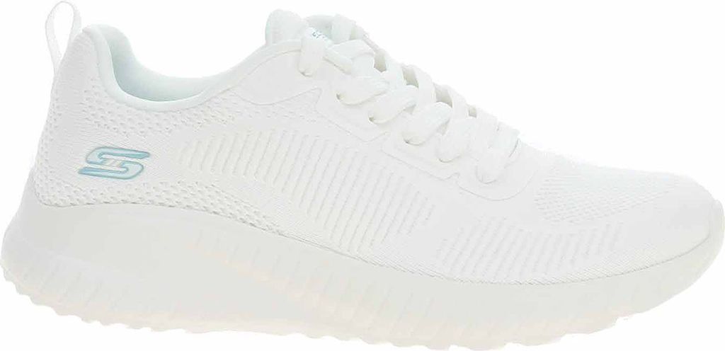 A white Skechers Bobs Sport Squad Chaos sneaker is shown from the side against a white background.