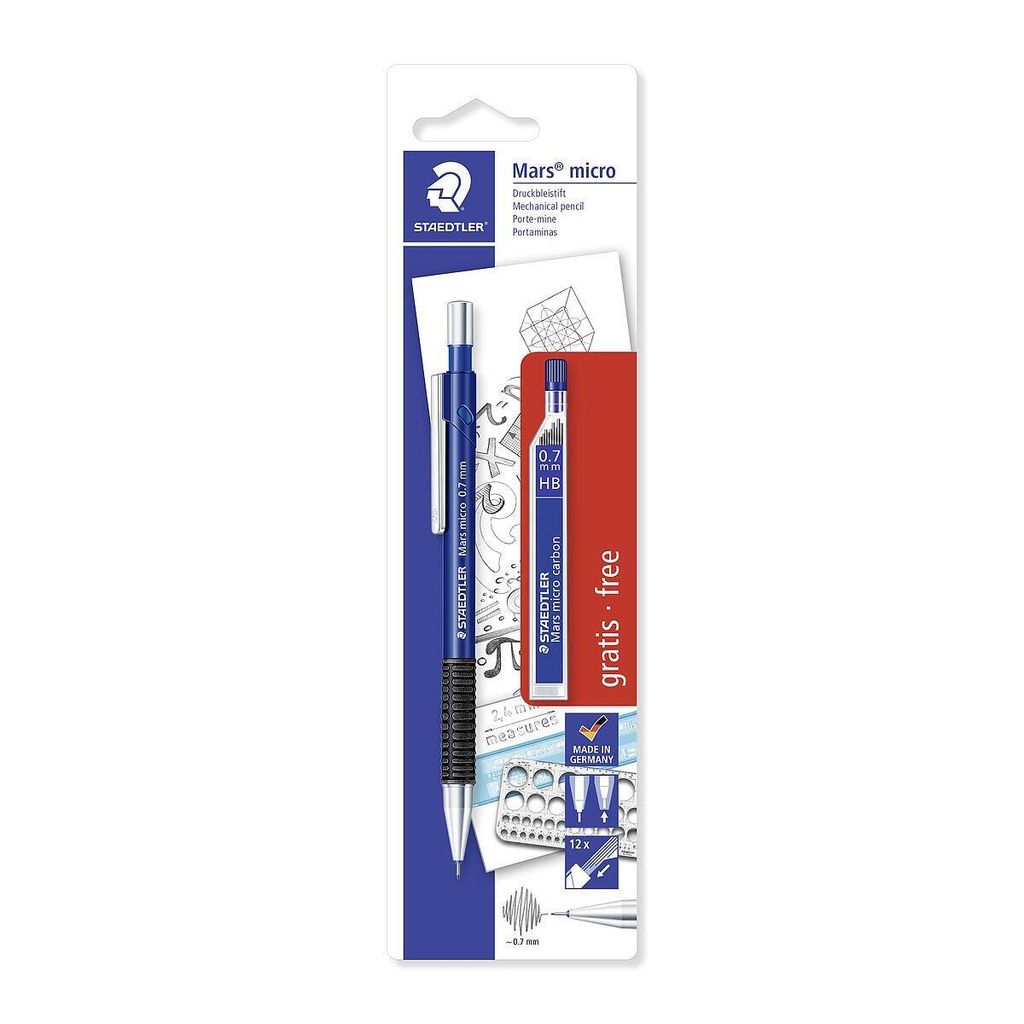 Druckbleistift Mars micro 0,7mm B blau + Gratis-Minen auf Blisterkarte