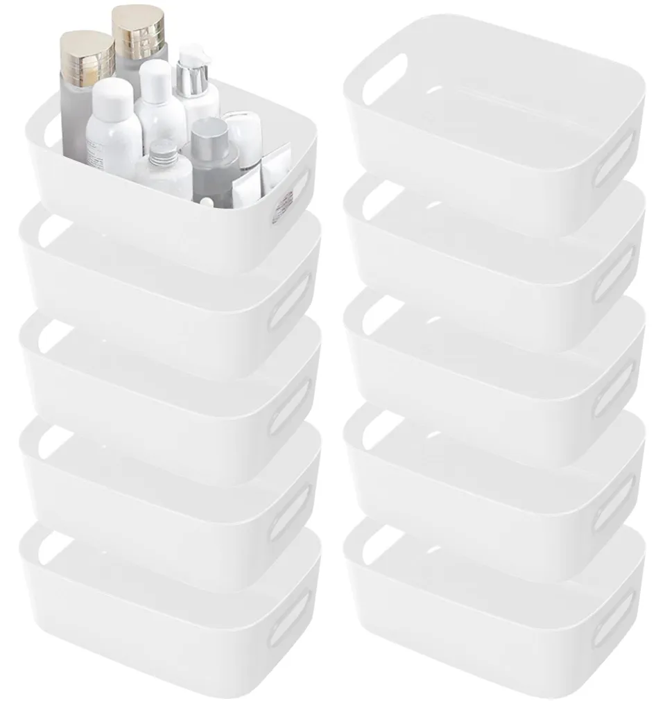 Boîtes de rangement avec poignée en plastique blanc rigide, lot économique