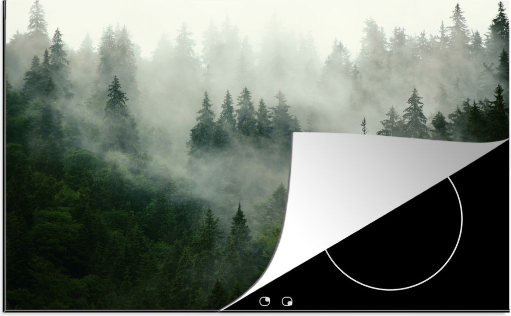 KitchenYeah Herdabdeckplatte Wald - Nebel - Bäume - Natur , 80x52cm, Küche Deko, Glaskeramikfeld Herdabdeckung, Abdeckplatte fùr Kochfeld