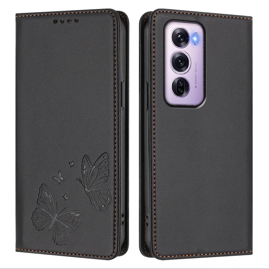 Lederhülle für Oppo Reno12 Pro 5G, Schmetterling Prägung Leder Brieftasche Schutzhülle mit Ständer Schwarz