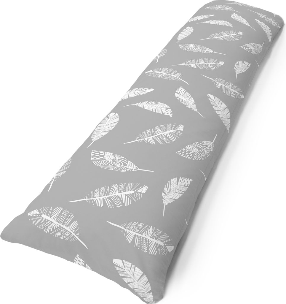 A long pillow with a feather pattern on a white background.