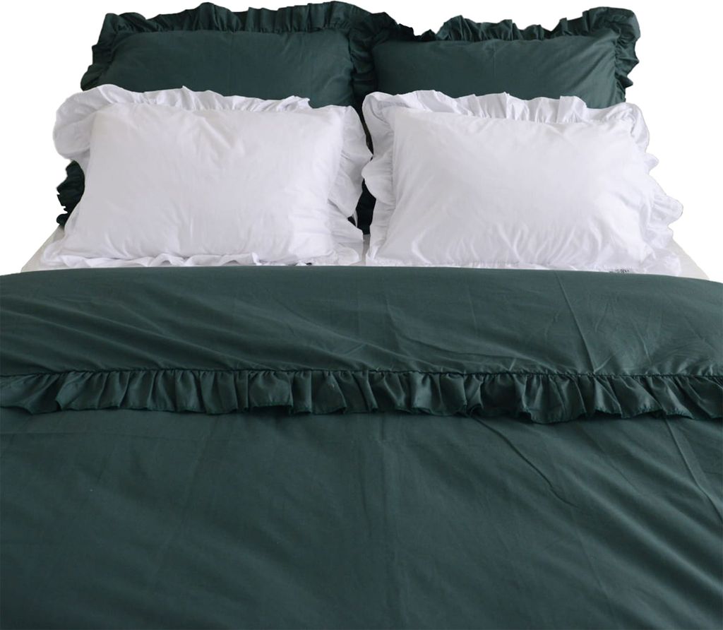 Baumwolle Bettwäsche Mit Rüschen Set Schlafzimmer Bettdeckenbezug 160X200 Cm + 4 Kissenbezüge Flasche Grün Weiß