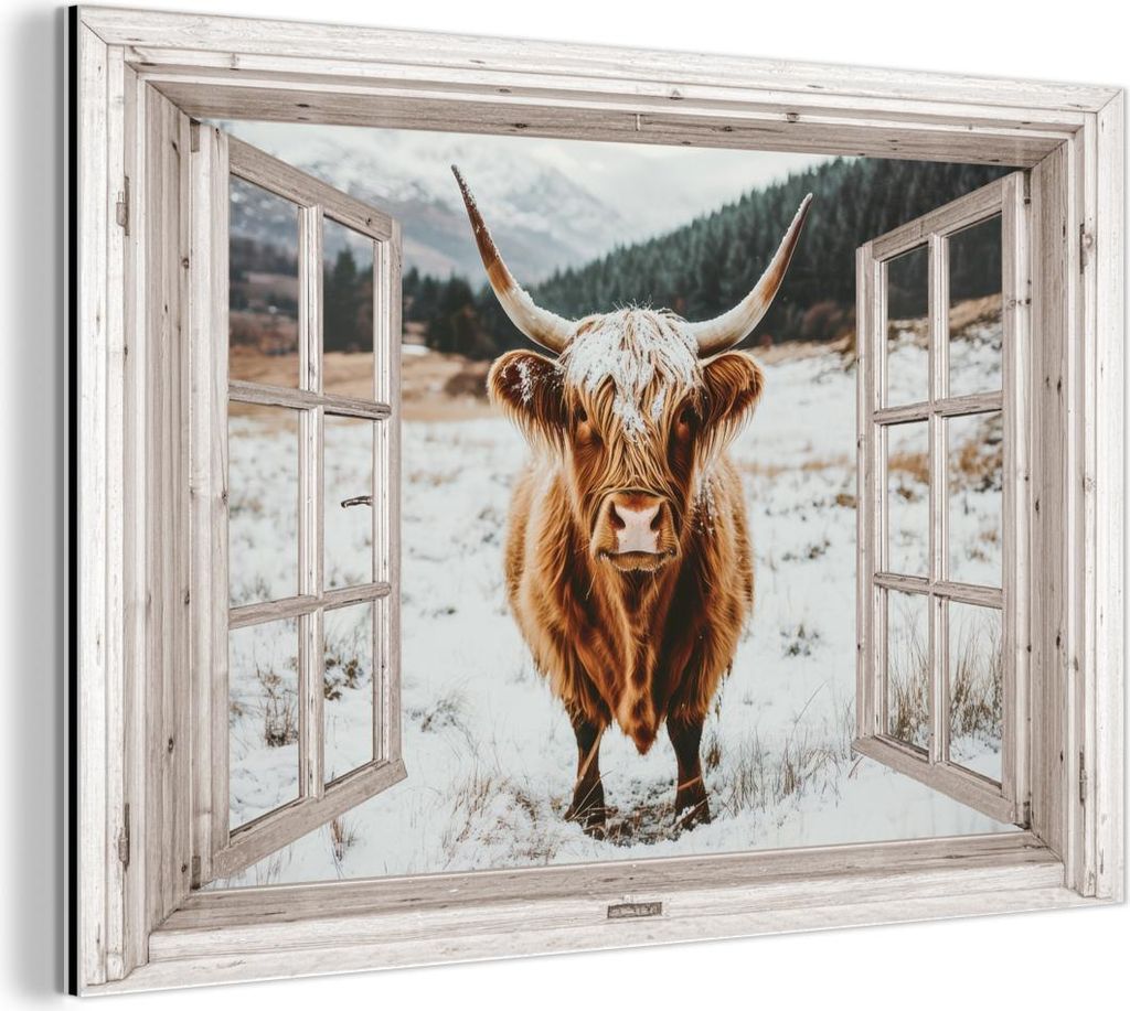 MuchoWow Wanddekoration Metall Metallbild Wandkunst 90x60 cm Schottische Hochlandrind - Winterlandschaft - Ländlich - Berge - Ausblick MuchoWow Al...
