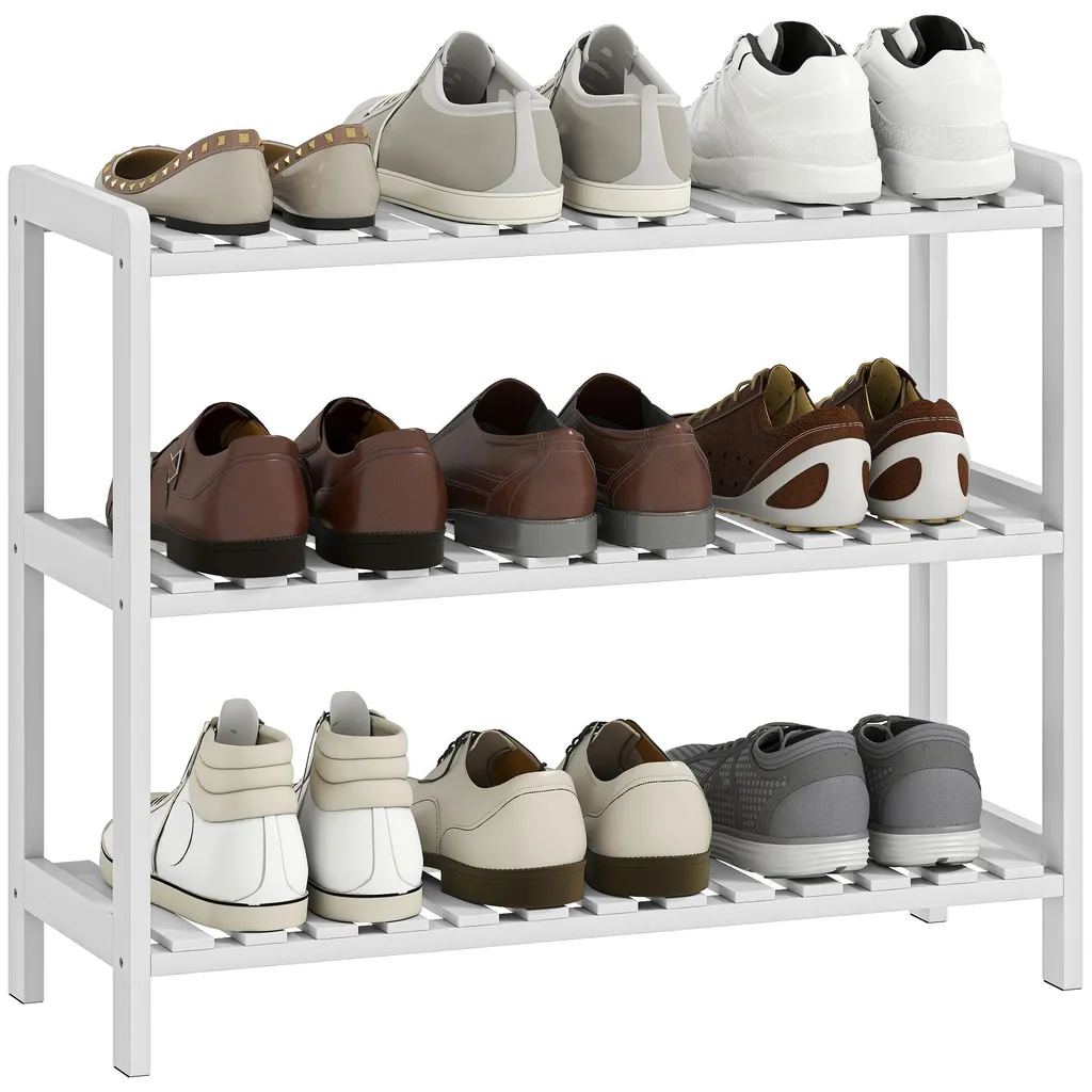 Étagère à chaussures 3 niveaux en bois de pin blanc, 70 x 26 x 57 cm