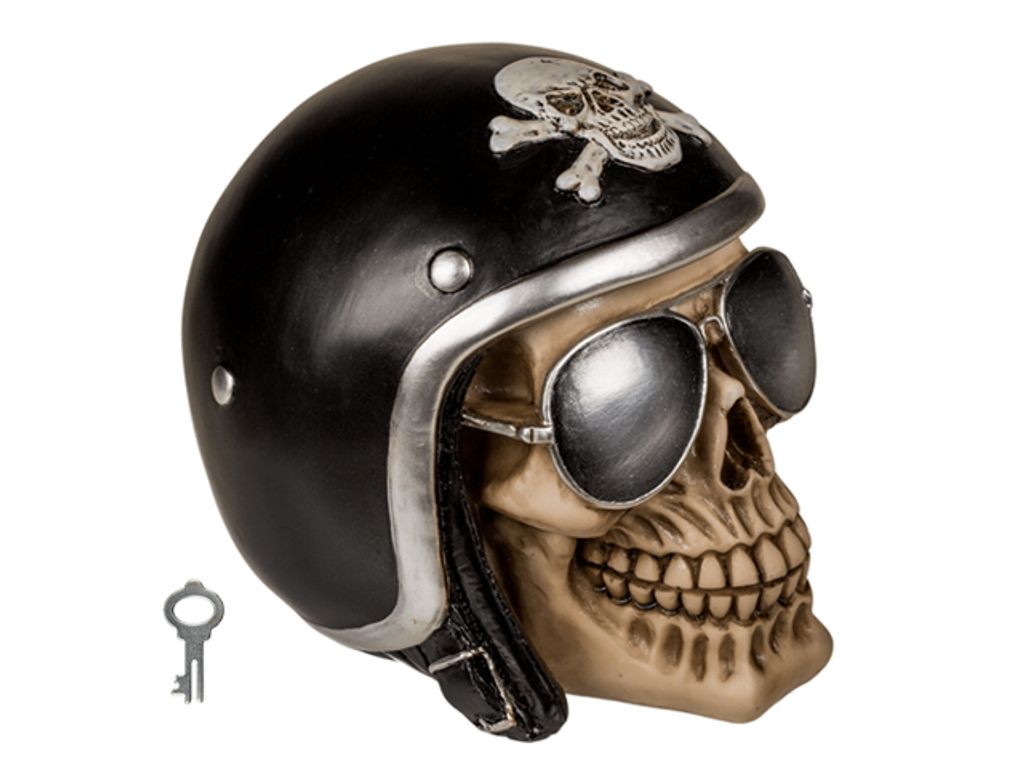 Spardose Totenkopf mit schwarzem Motorradhelm Produktbild 