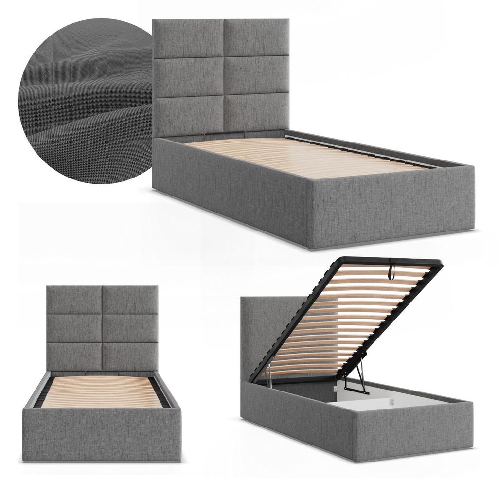 Polsterbett YORK 90x200 mit Bettkasten und hochklappbarem Metall-Lattenrost Dunkelgrau Geflecht