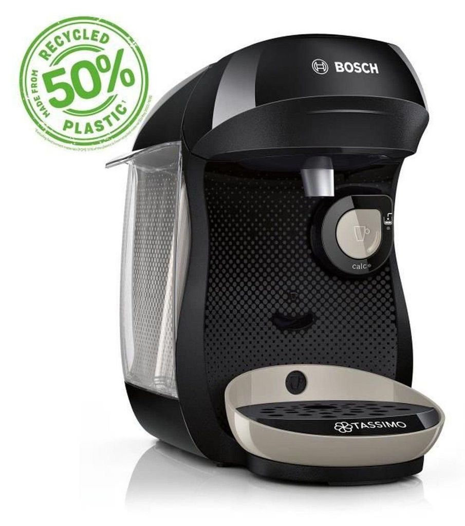 A black Bosch Tassimo coffee machine is shown against a white background.