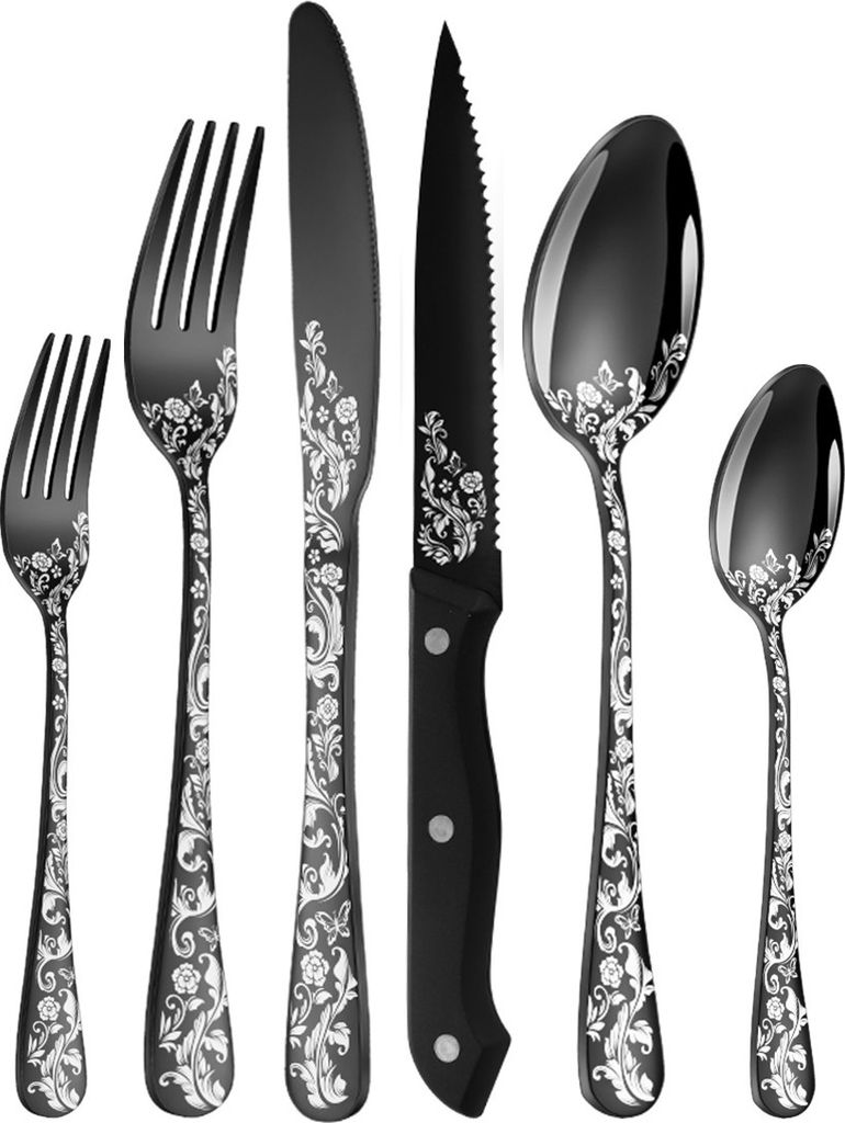 Besteck Set Schwarz für 4 Personen, 24-teiliges Edelstahl Besteckset mit Steakmessern, Essbesteck Set Spiegel Polierter mit Blumenmustern, Gabel L...