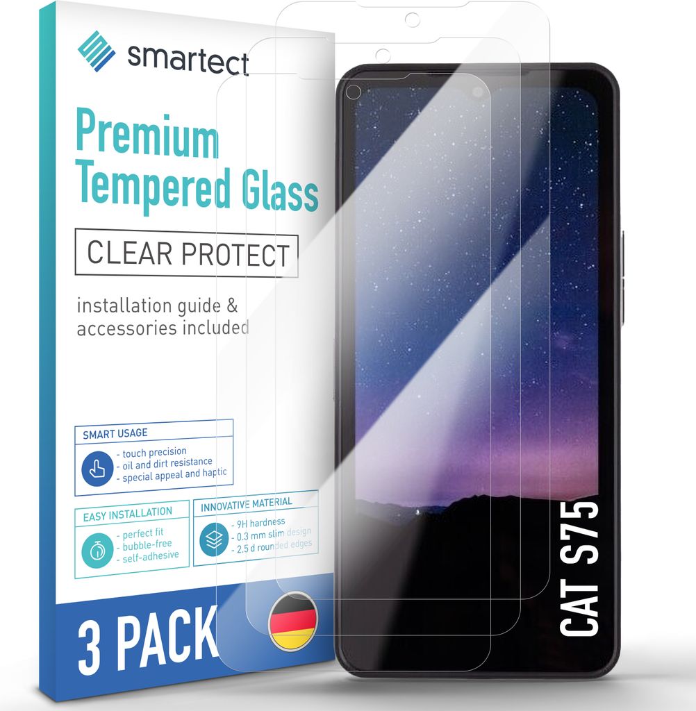 A product package for screen protectors for a CAT S75 phone, with a phone screen protector shown on a phone.