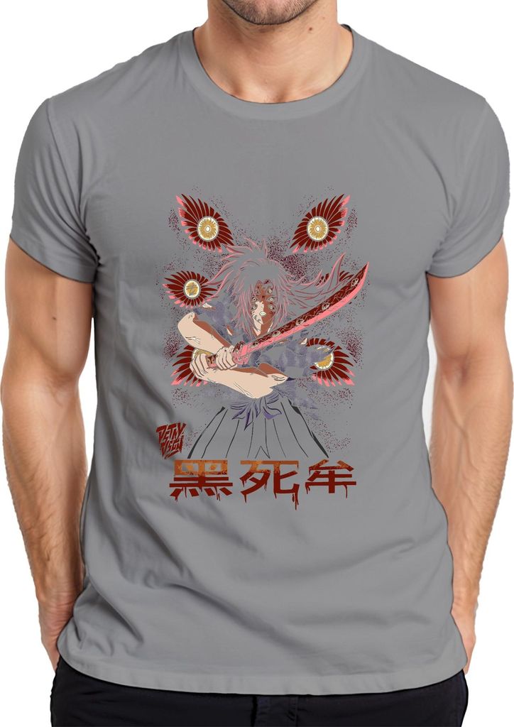 Anime Dämon Samurai Katana rote Klinge blutig düster Herren T-Shirt, Grau, L