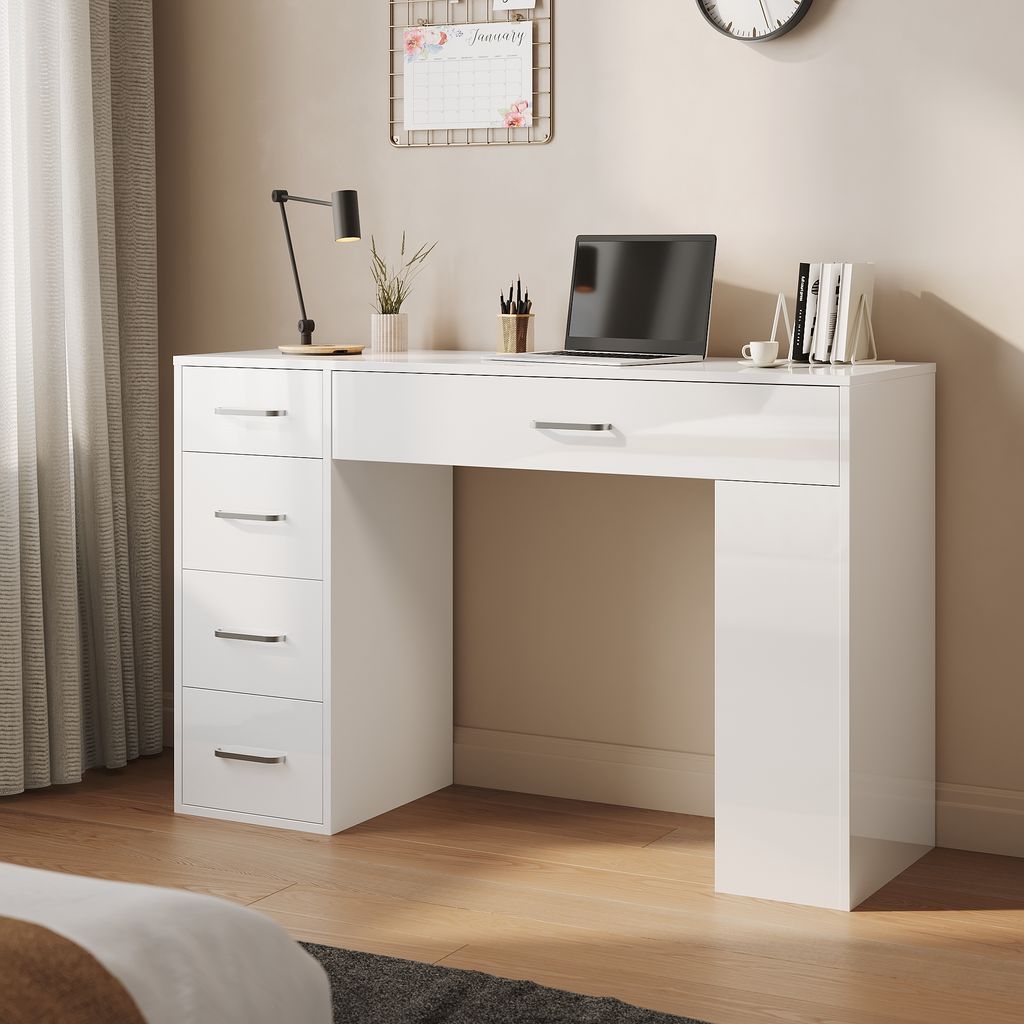 SONNI Weißer Schminktisch 120x40x75cm, fünf Schubladen, Griffe aus Metall, Waschtischunterschrank, Kommode mit Schubladen