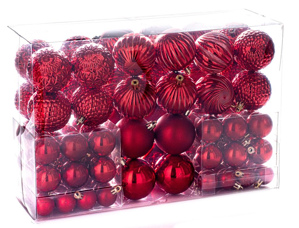 A clear, well-lit product shot of a box filled with red Christmas ornaments.
