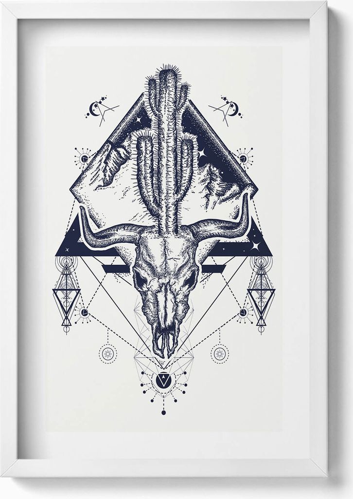 Geometrisches Tierschädelmuster– Wandbild mit Rahmen – Gerahmtes Bild – Wanddekoration – 40x60 cm – Weiß