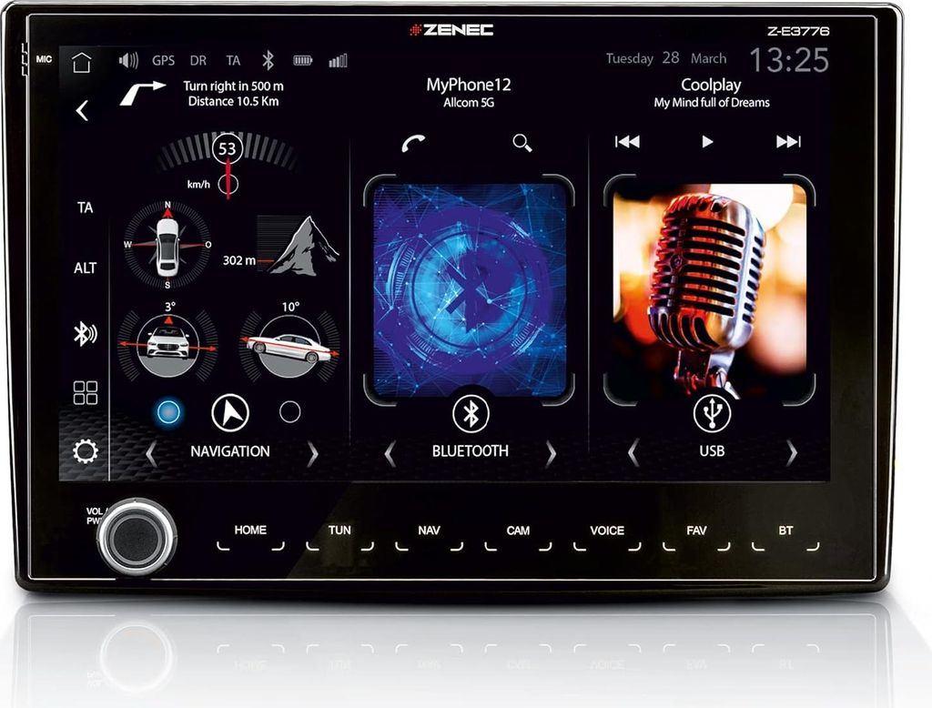 A car infotainment system screen displaying navigation, music, and Bluetooth information.