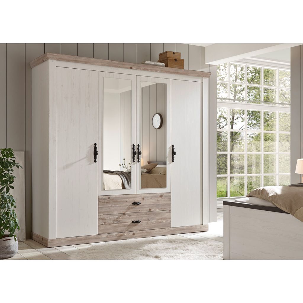 Kleiderschrank 4 türig mit Spiegel FERNA-61 in Pinie weiß Nb. mit Absetzungen in Pinie dunkel Nb., B/H/T: ca. 217/201/60 cm