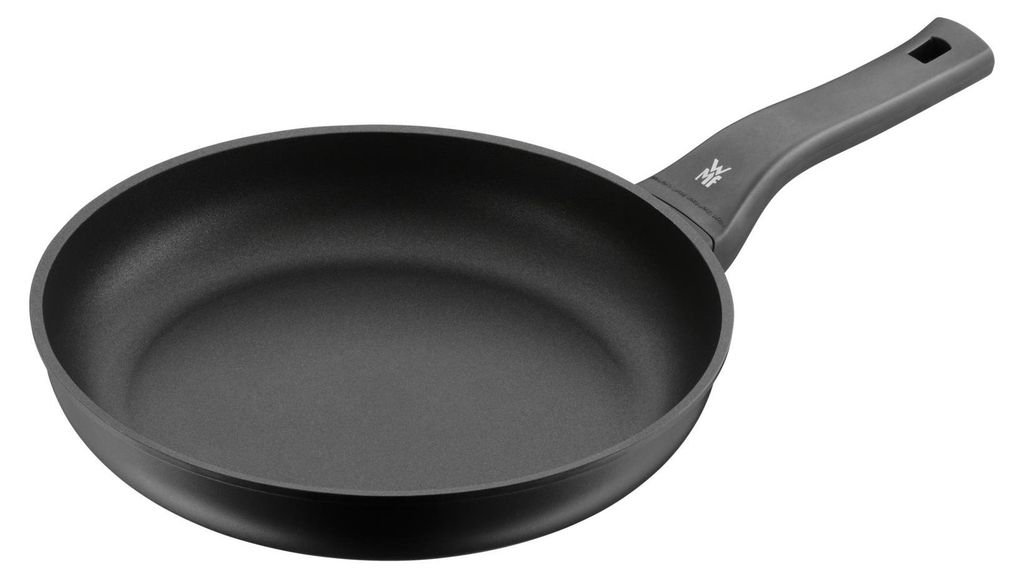 A black frying pan with a gray handle is shown against a white background.