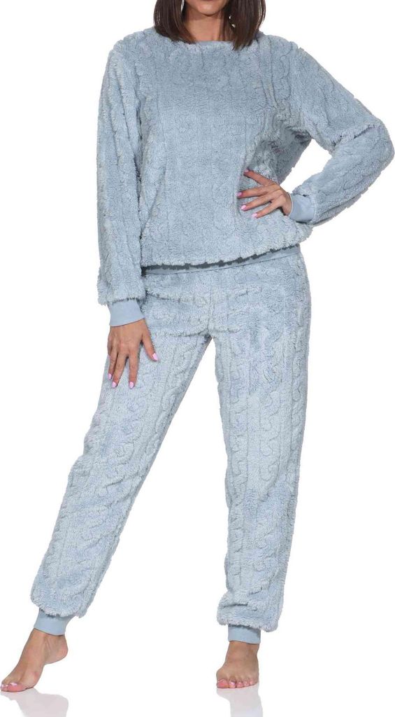Damen langarm Schlafanzug Hausanzug mit Bündchen aus kuscheligen Sherpa-Fleece ; hellblau , 40