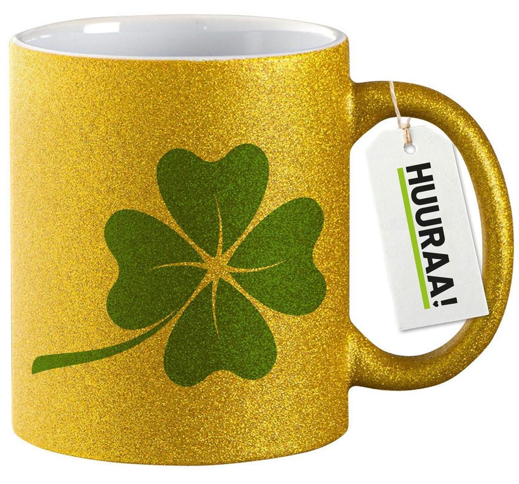 Huuraa Glitzertasse Kleeblatt Silhouette 330ml Gold Keramik Kaffeebecher Geschenkidee