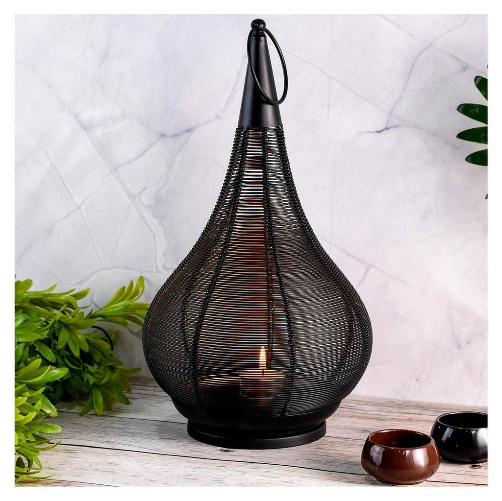 Windlicht Askil schwarz Metall Tropfenform H 36cm Handarbeit orientalisch modern Boho Laterne Teelichthalter Deko für Wohnzimmer Balkon Terrasse G...
