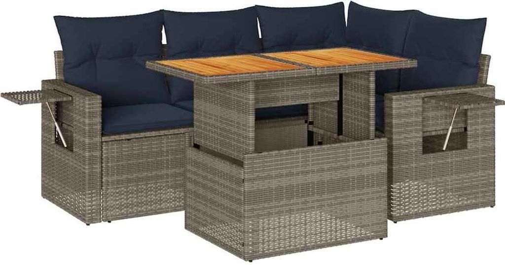5-tlg. Garten-Sofagarnitur mit Kissen Grau Poly Rattan