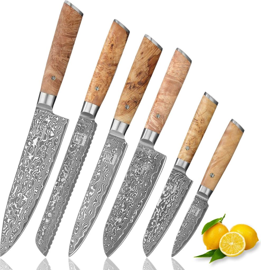 Zayiko Kinone 6er Damastmesser-Set I 8-20 cm Klingen I Wurzelholzgriffe Birke