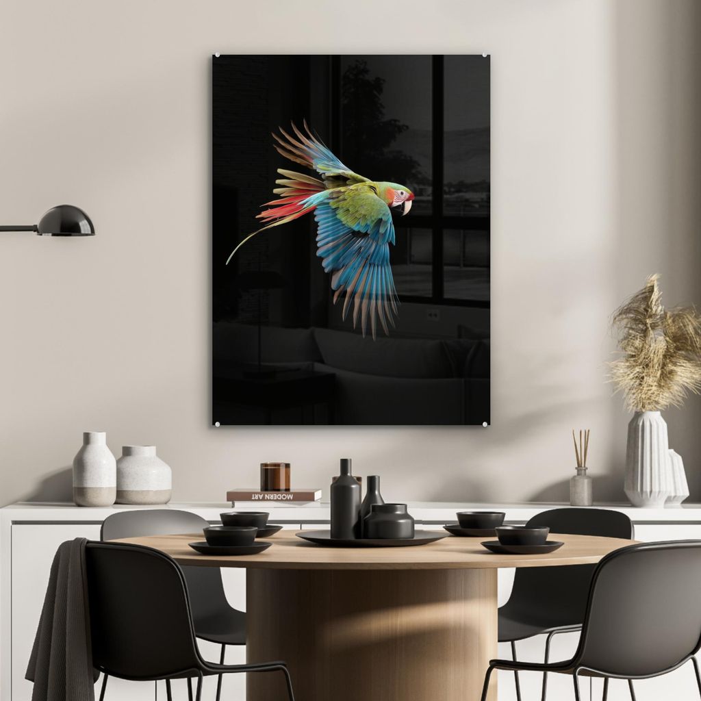 MuchoWow Glasbilder - Bilder auf Wandbild - Foto auf Glas Papagei - Bunt - Flügel - Verschnörkelt 60x80 cm Wanddekoration aus Glas - Acrylglasbil...