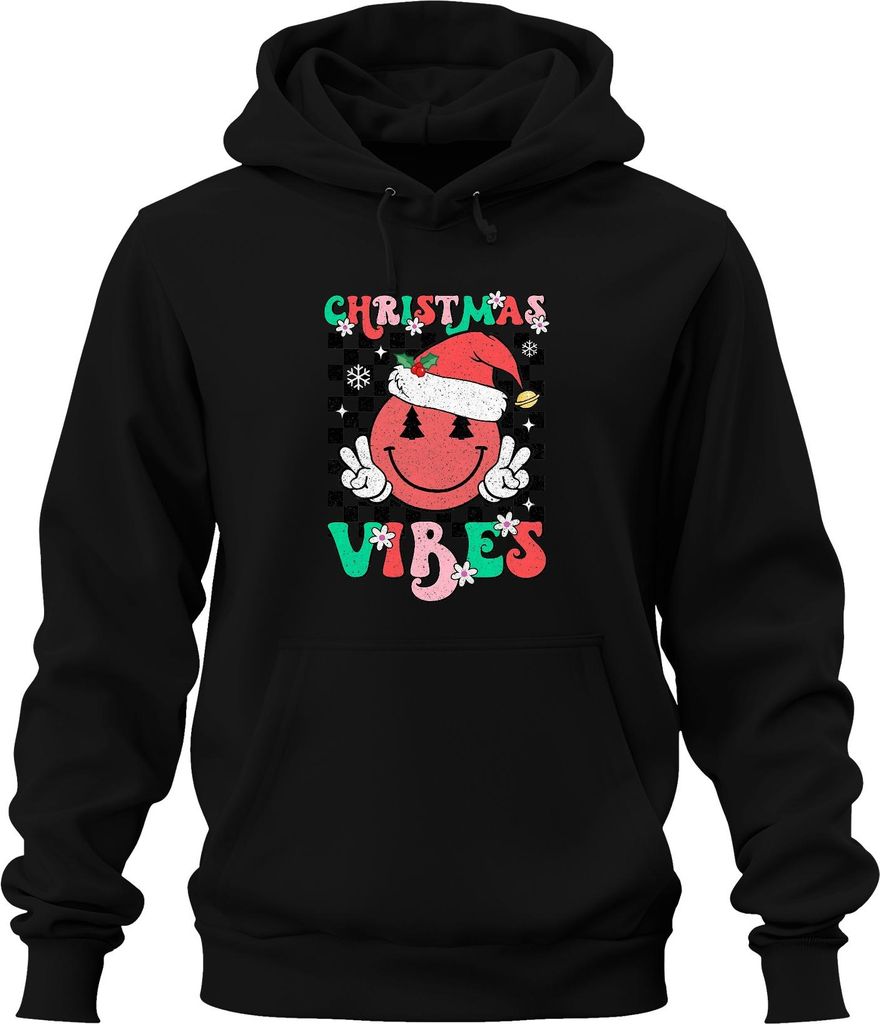 Christmas Vibes Santa Hat Smiley Peace Zeichen Tannenbaum Retro Uni Hoodie Kapuzenpullover, Schwarz, M