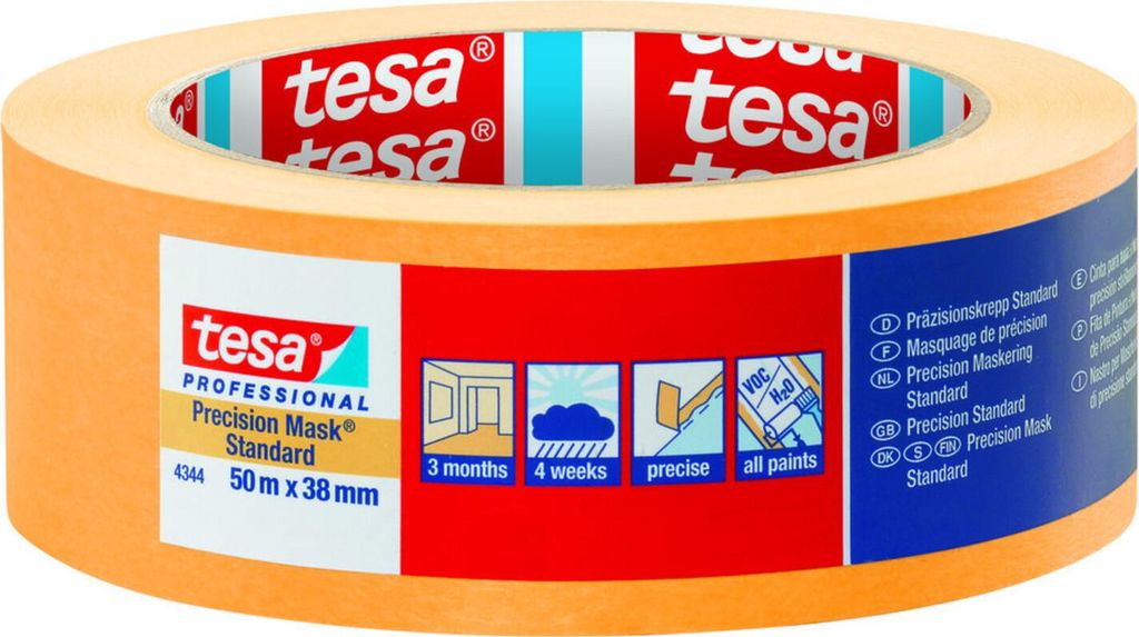 Tesa 4344 Präzisionskreppband, Malerband Abdeckband Klebeband + saubere Kanten + Washi Papier, orange, 38mm x 50m