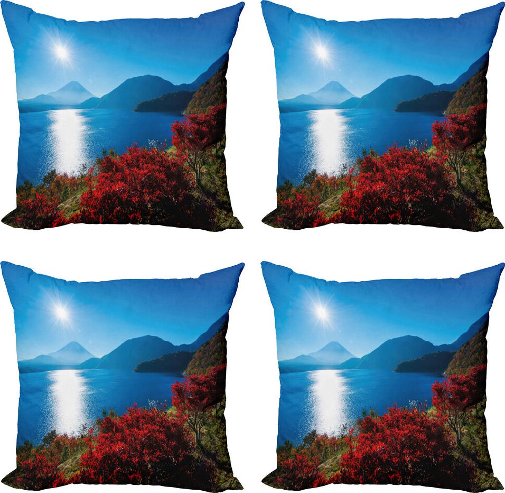 ABAKUHAUS Natur Kissenbezug Set (4 Stück), Sunny Herbst Berg, Moderner Doppelseitiger Digitaldruck, 60 cm x 60 cm, Blau und rot