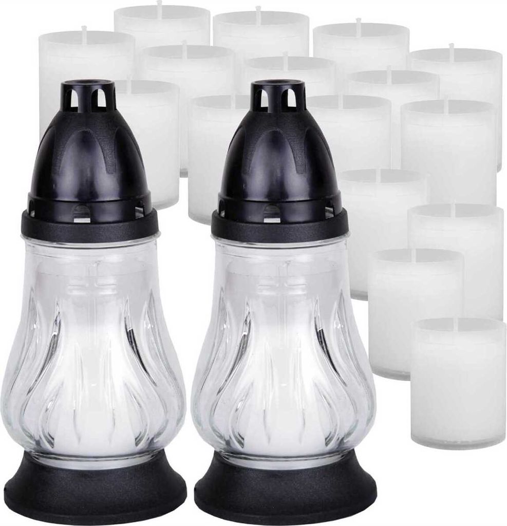 Grablicht Glas 2 Stück in Weiß mit ca. 18h Brenndauer inkl. 14 Kerzen