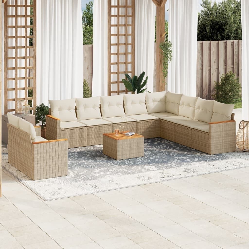 11-tlg. Garten-Sofagarnitur mit Kissen Beige Poly Rattan 3258523