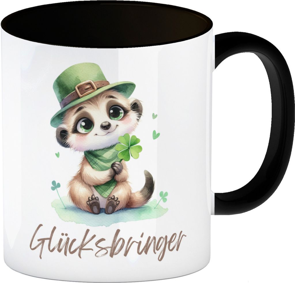 Erdmännchen Glücksbringer Kaffeebecher in schwarz