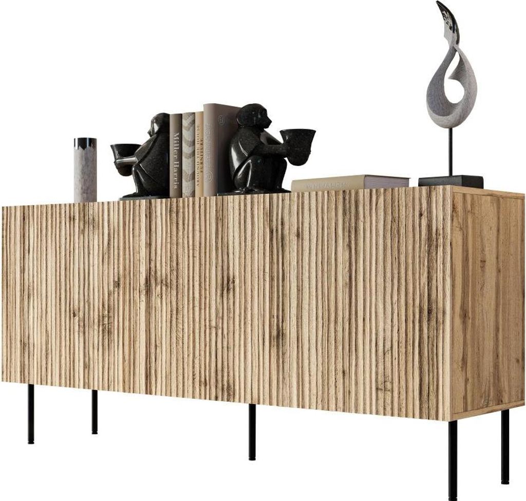 MIRJAN24 Kommode Jungle 152, Sideboard mit 3 Türen, Highboard mit Metallfüße, Griffloses Öffnungssystem push to open (Farbe: Wotan)