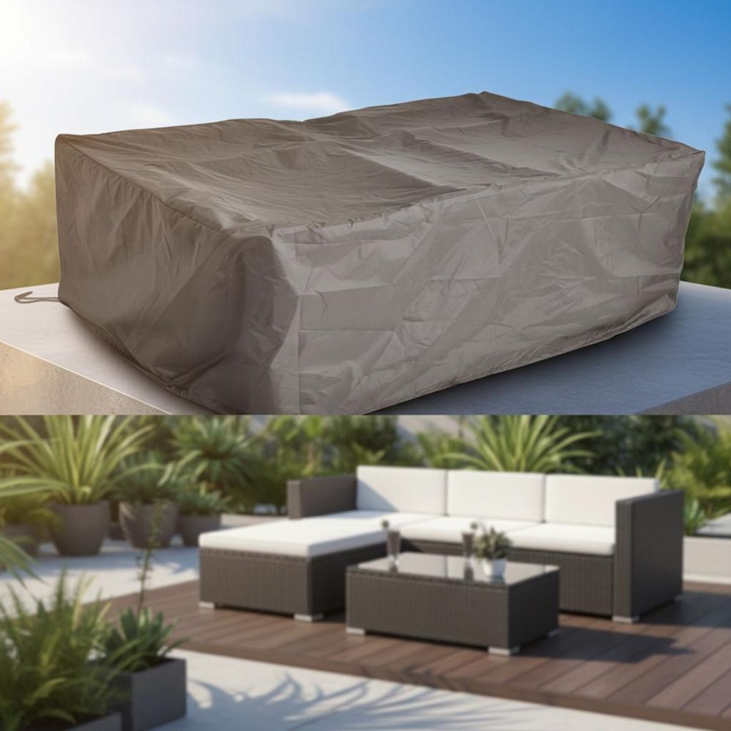 The top part of the image shows a piece of outdoor furniture covered by a protective cover, while the bottom part shows the furniture uncovered in a garden setting.