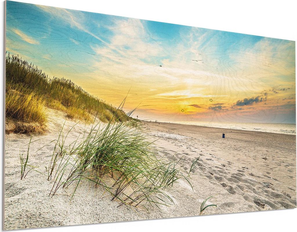 DEQORI Holzbild 100x50 cm 'Baltischer Dünenstrand' Bild auf Holz Wandbild Kunstdruck