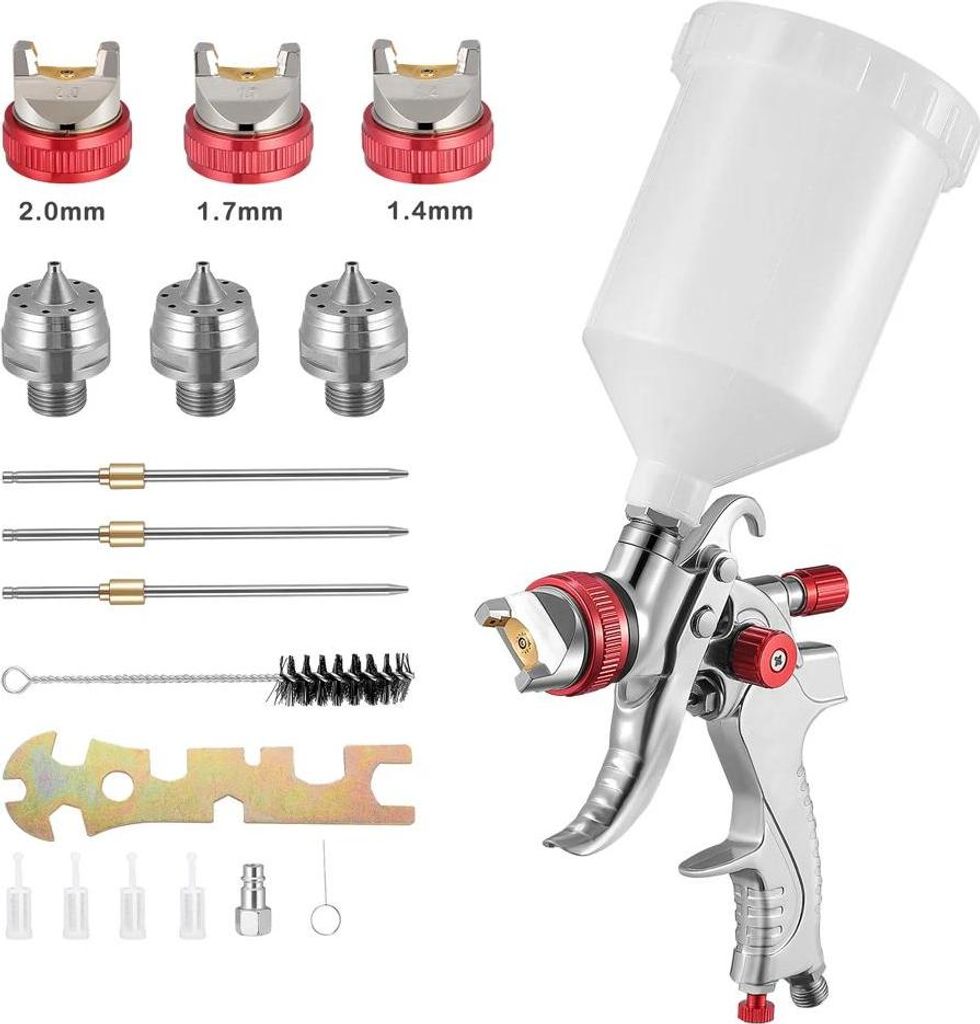 Lackierpistole HVLP - Druckluft Spritzpistole mit Schwerkraftzufuhr - 3 Düsen 1,4/1,7/2,0 mm - Auto & Möbel - Ausbesserung - Rot
