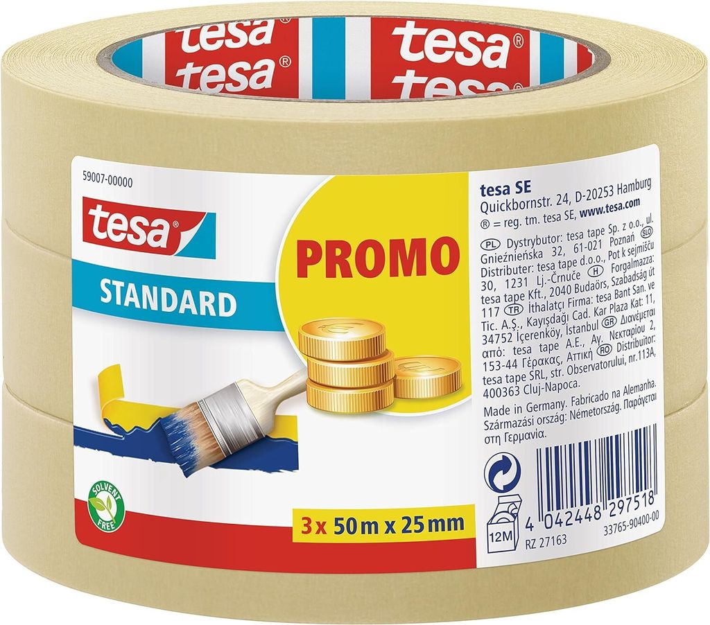 tesa Malerband Standard, Multifunktions-Abdeckband 25mm x 50m. 3 Rollen