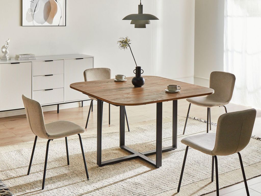 BELIANI Ausziehbarer Esstisch Braun MDF Holzoptik 120/160 x 120 cm Quadratisch Metallbeine Schwarz Butterfly Auszug Ausziehtisch Esszimmer Küche