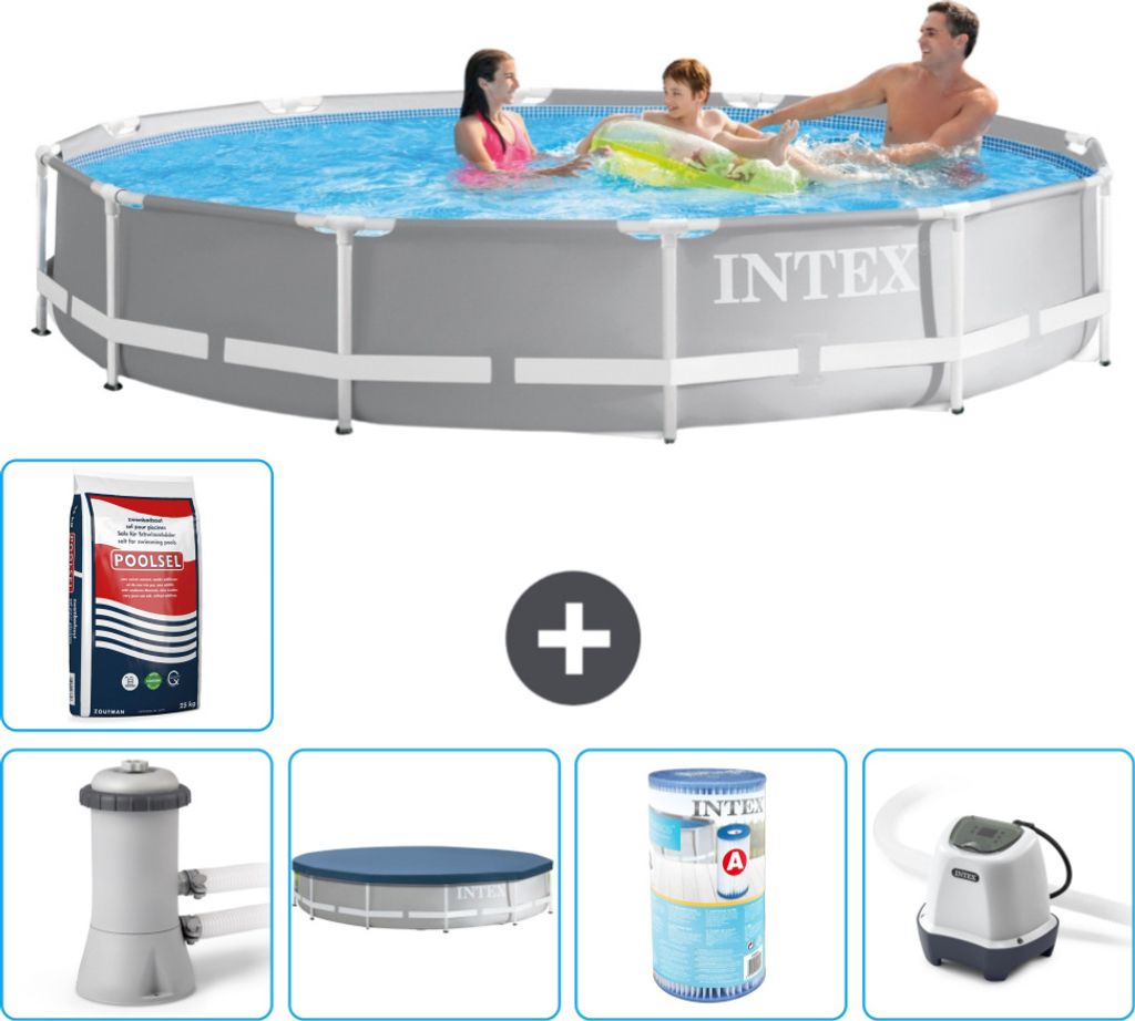 Intex Round Prism Frame Swimming Pool – 366 x 76 cm – Grau – inklusive Pumpe Abdeckung - Filter - Salzwassersystem - Poolsalz