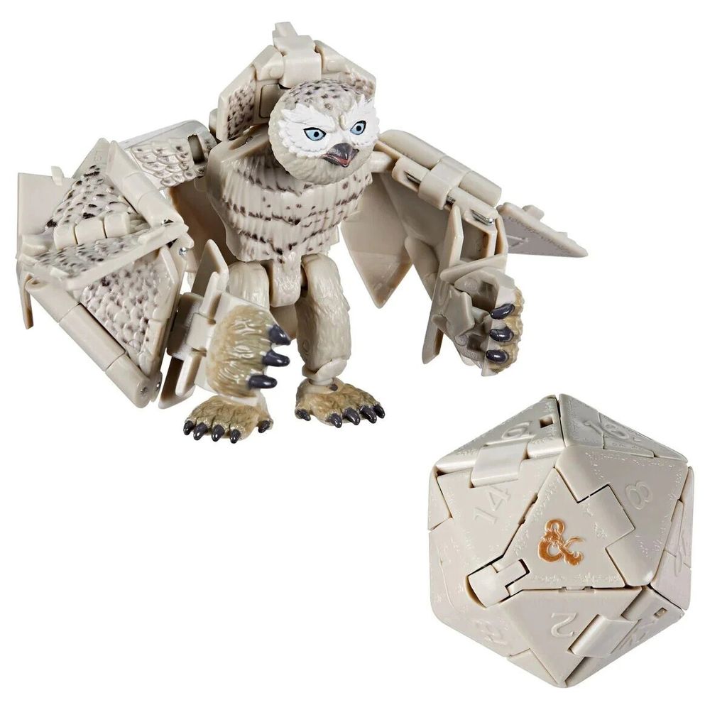 A toy owl-like creature and a D20 die are shown against a white background.