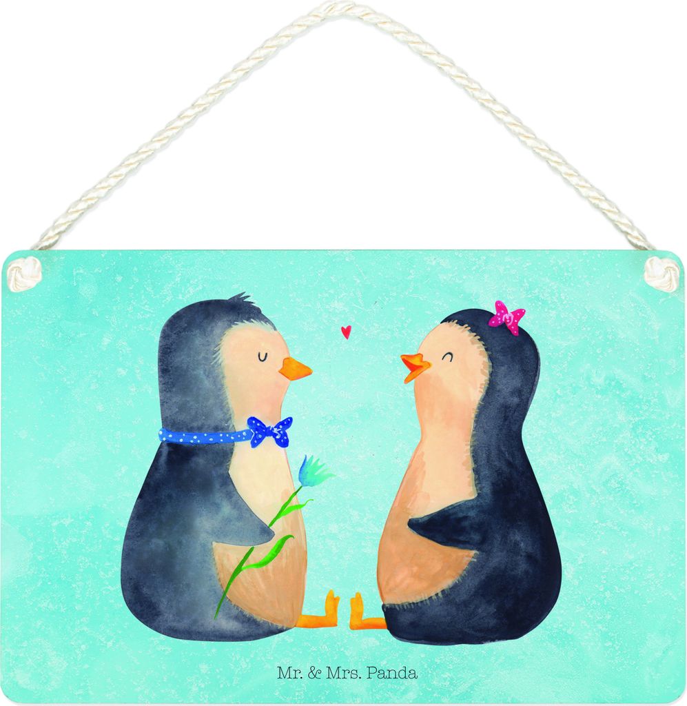 Mr. & Mrs. Panda Schild Pinguin Pärchen DIN A4 - Eisblau - Geschenk, kleine aufmerksamkeit, Verknallt, Liebe, Türschild, holzbild, Holzschild, Ho...