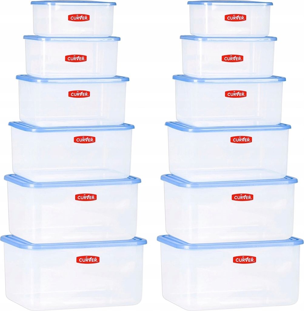 A set of 12 clear plastic food storage containers with blue lids, stacked in two columns.