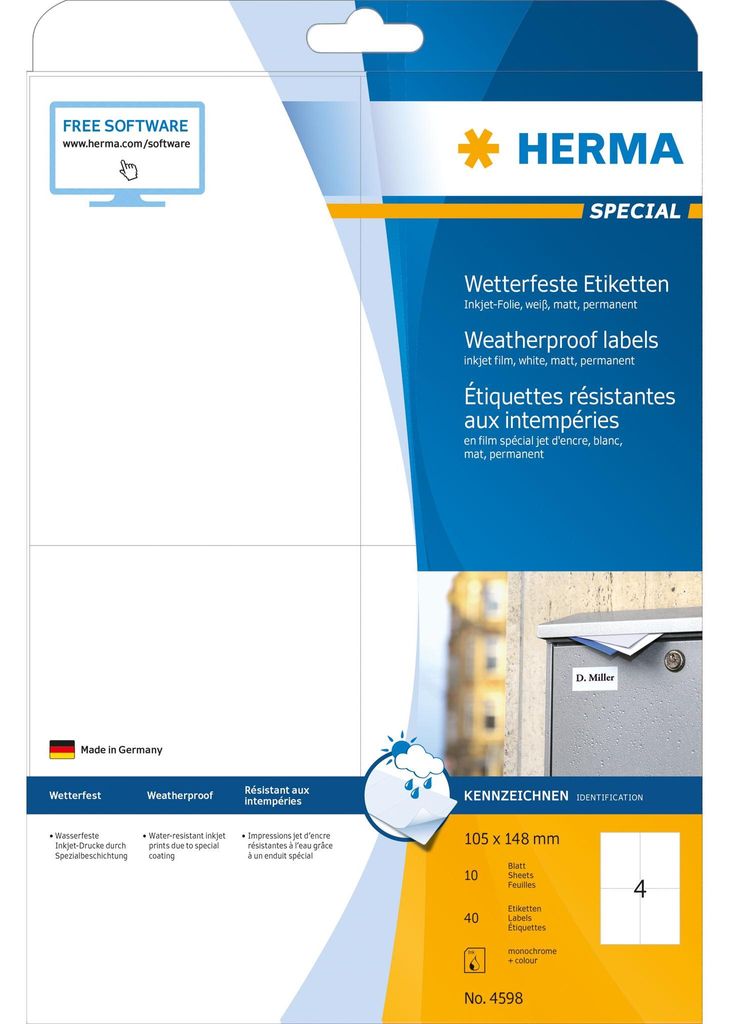 HERMA 4598, Biela, Obdĺžnik, Permanentný, 105 x 148, A4, Obrázok produktu 