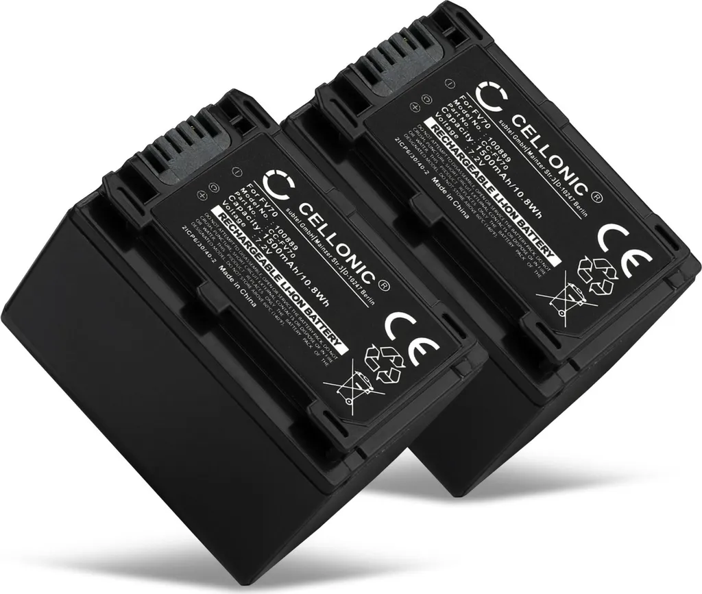CELLONIC, Batteria per Fotocamera, compatibile con Sony AX53 4K HANDYCAM FDR-AX53, NP-FV70, NP-FV50 (7.4V, 1500mAh) 2 Pezzi