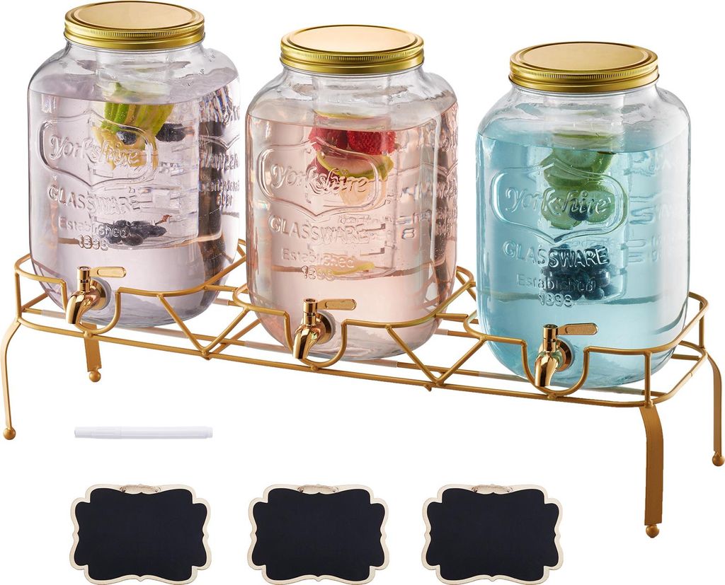 VEVOR Getränkespender (3 x 8 L) für Partys Saftspender (aus Glas) mit tropfsicherem Zapfhahn & Metallständer Wasserspender für Restaurants Part...