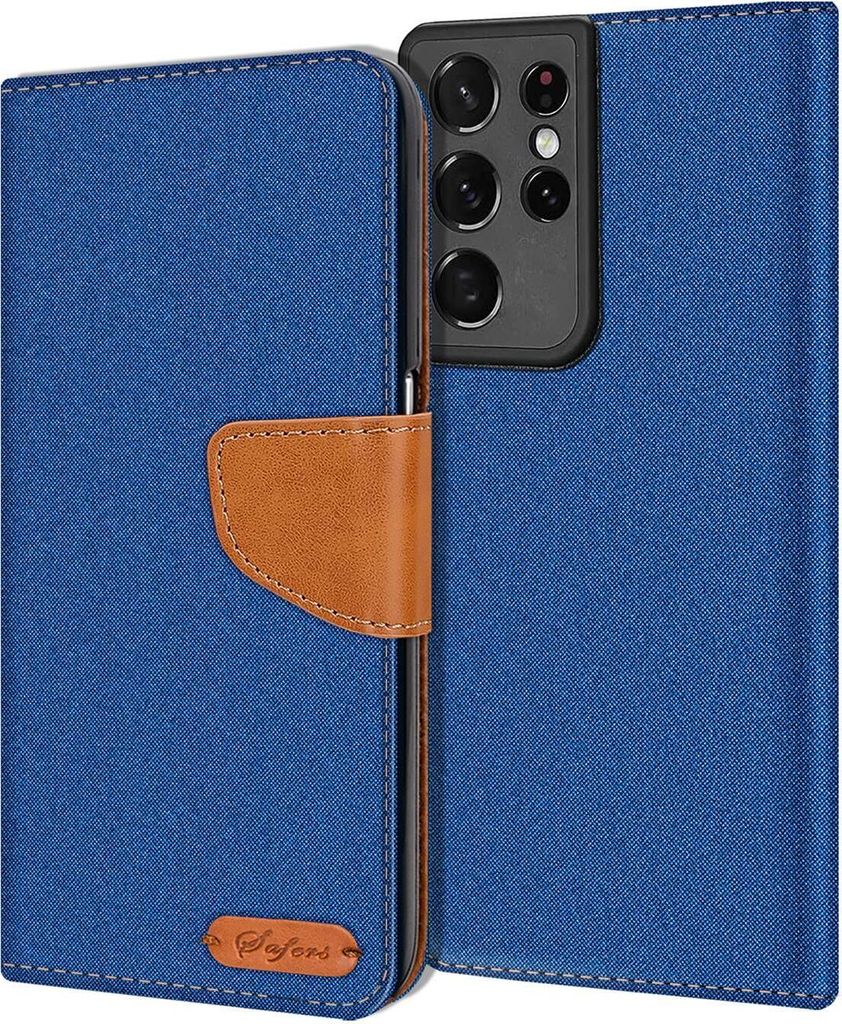 Conie Jeans Style Klapp Tasche für Samsung Galaxy S21 Ultra Kartenfach Hülle Rundumschutz in Blau