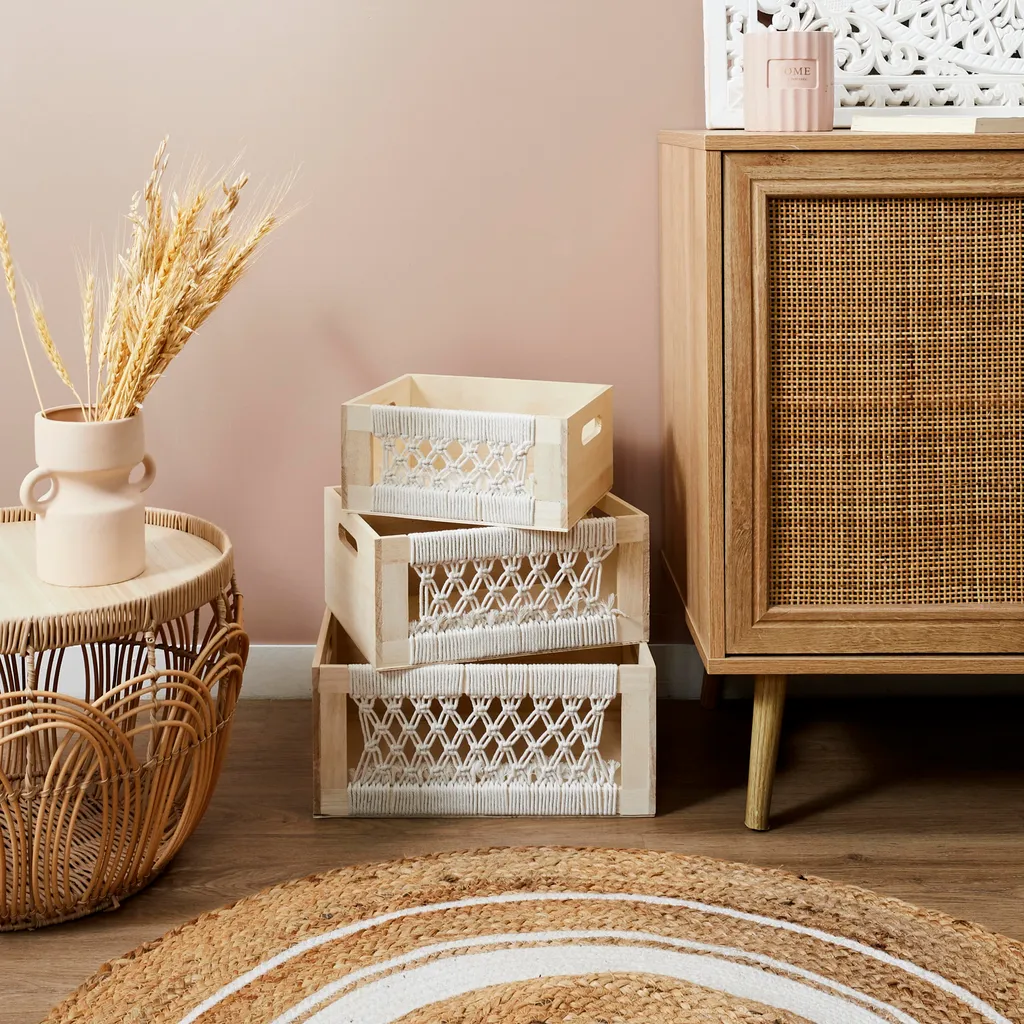 Caisse Bois Gigogne Boho X3 - Trio de Rangement en Bois Naturel Gravé